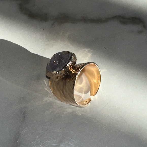 NEW Luxury Natural Stone Adjustable Crystal Irregular Geode Gold-plated Ring - Picture 4 of 4